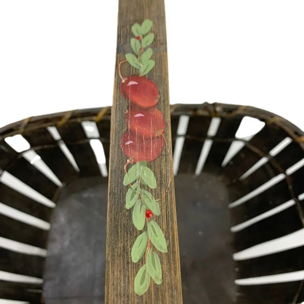 Vintage Farmhouse Reed Basket 1990s Hand Painted Apples Artist Signed Country